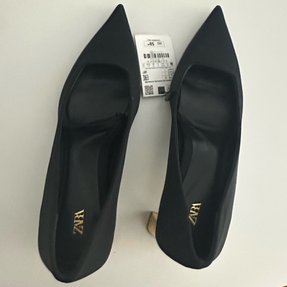 Zara Black Satin Heels With Metallic Gold Block Heel - Picture 9 of 11